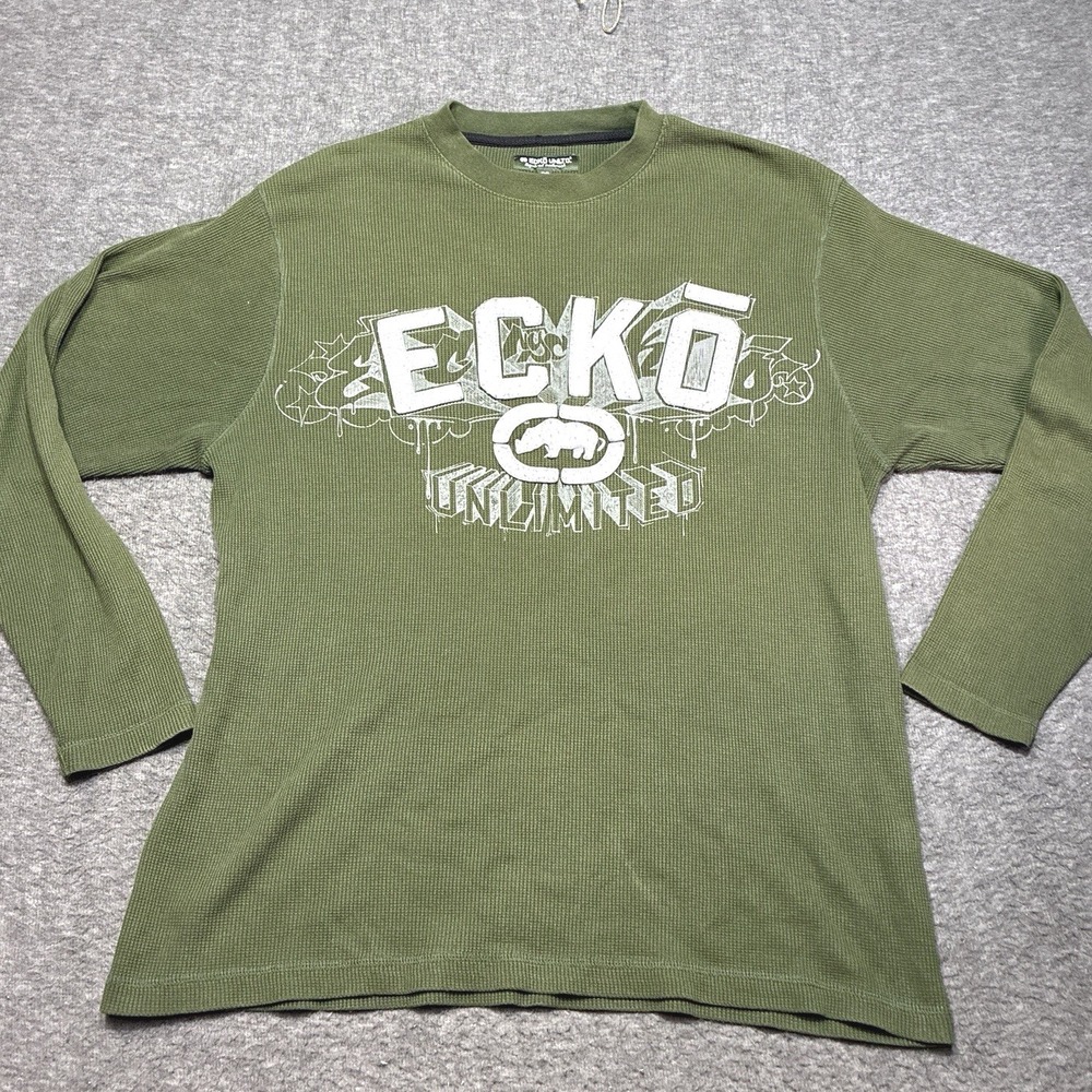 Vintage Ecko Unltd Thermal Shirt Mens 2XL Green White 3D Embroidered Y2K Grunge